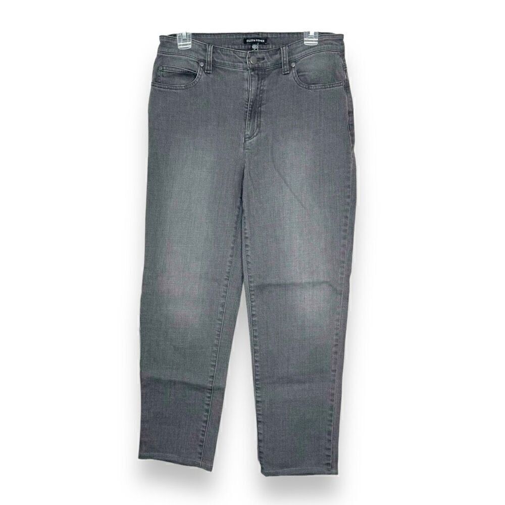 Eileen Fisher Organic Cotton Stretch Denim High-Rise Straight Leg Jeans Gray 6